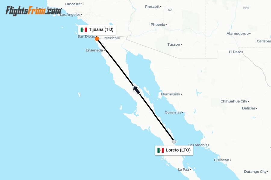 Flights from Loreto to Tijuana route map