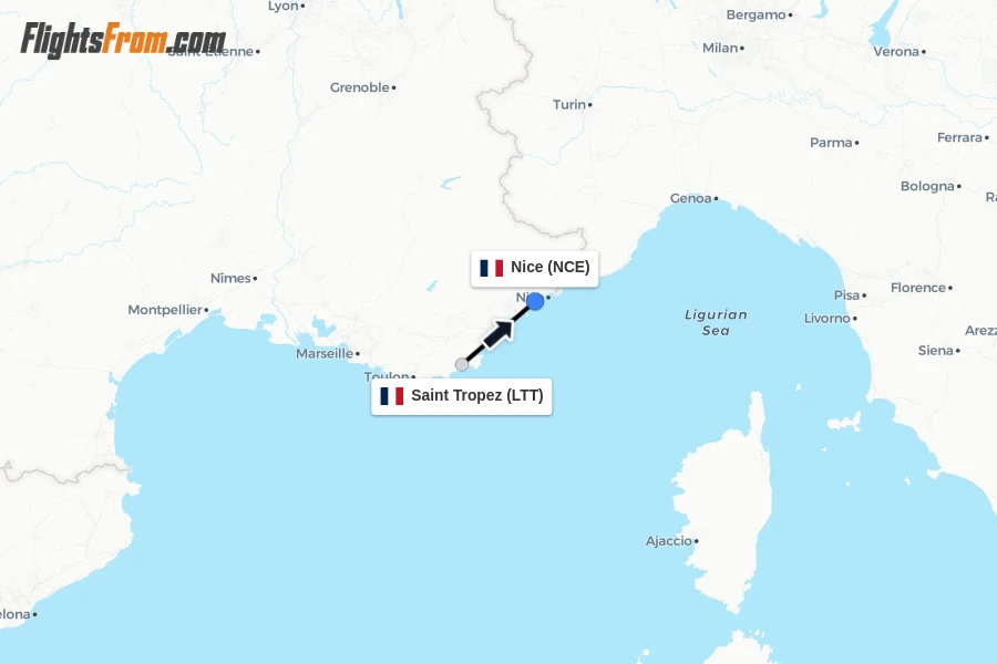 Flights from Saint Tropez to Nice route map