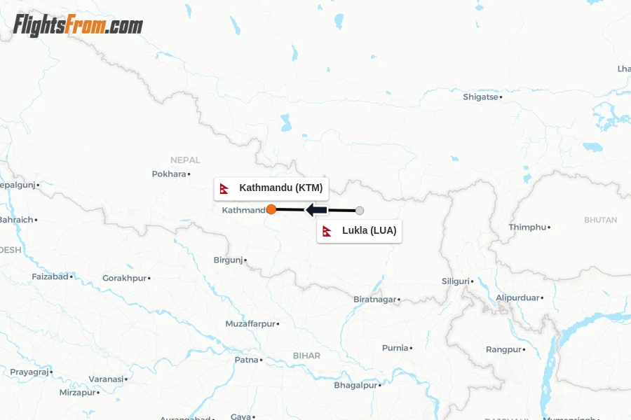 Flights from Lukla to Kathmandu route map