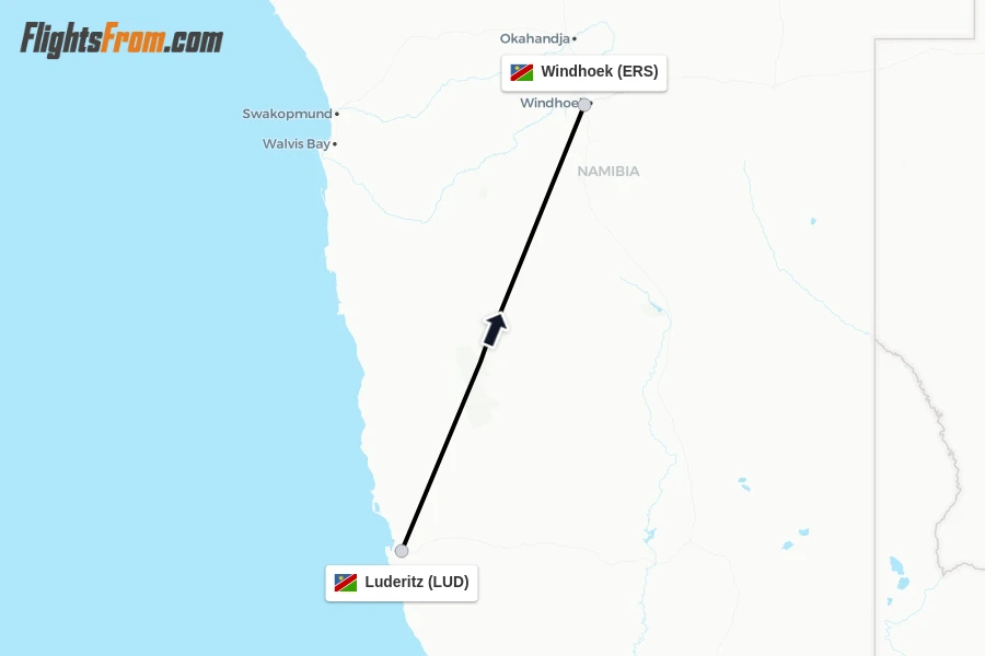 Flights from Luderitz to Windhoek route map