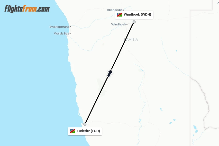 Flights from Luderitz to Windhoek route map