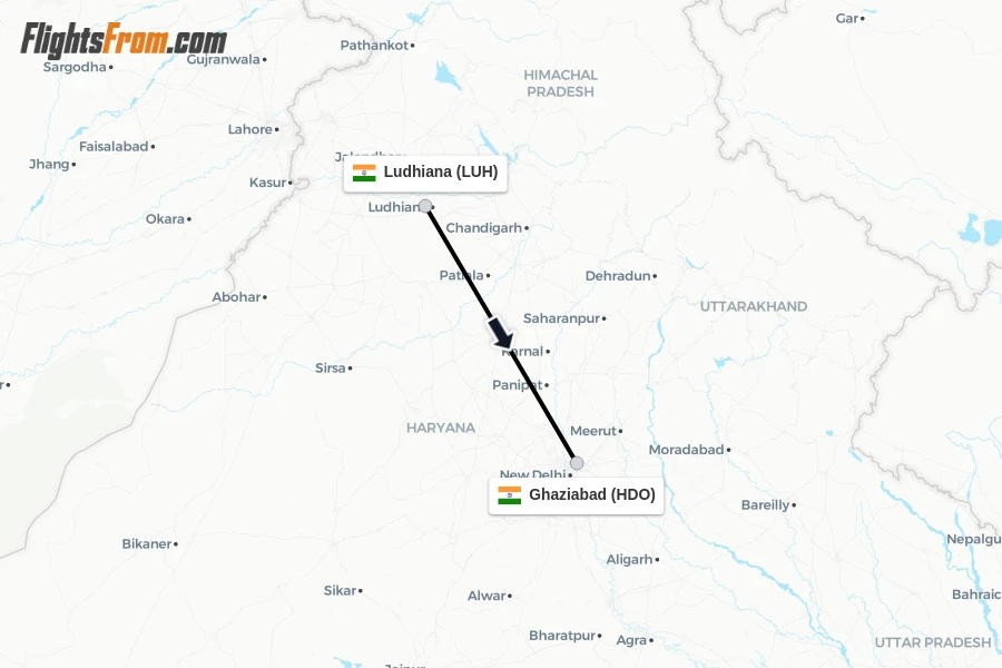 Flights from Ludhiana to Ghaziabad route map