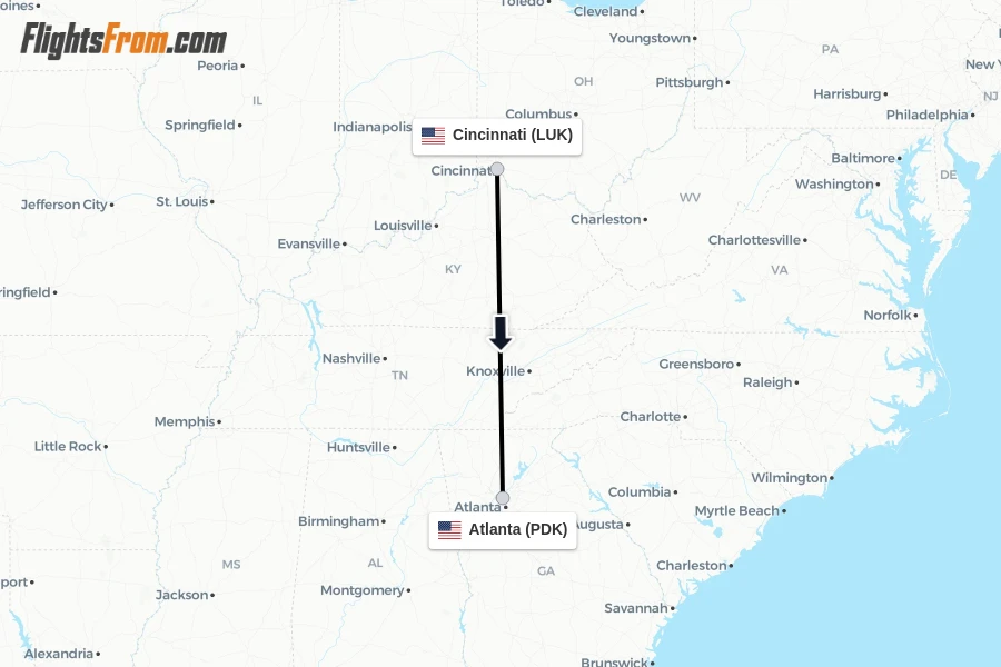 Flights from Cincinnati to Atlanta route map