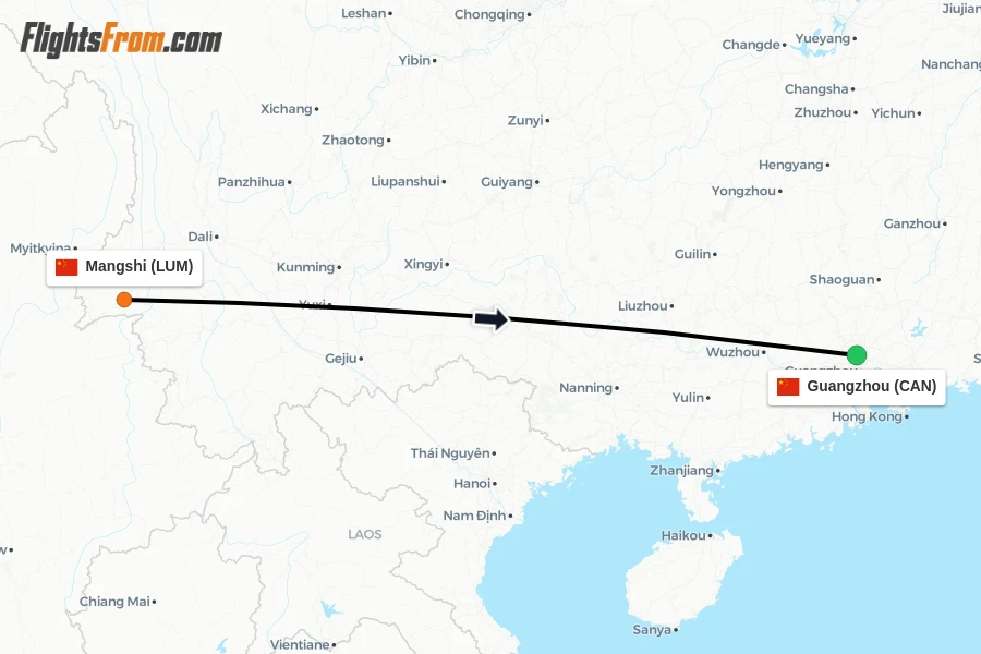 Flights from Mangshi to Guangzhou route map