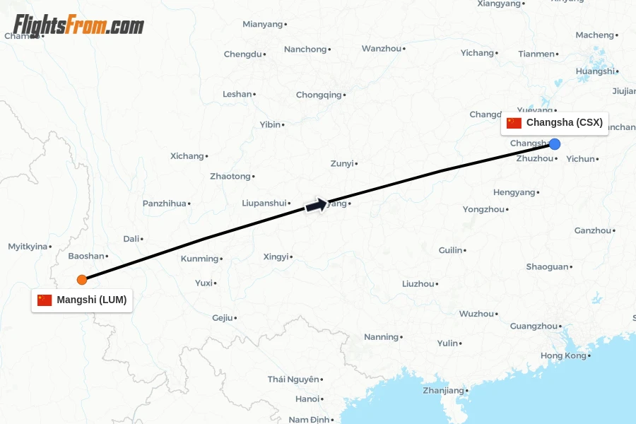 Flights from Mangshi to Changsha route map