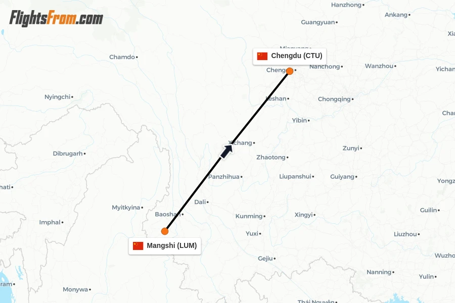 Flights from Mangshi to Chengdu route map