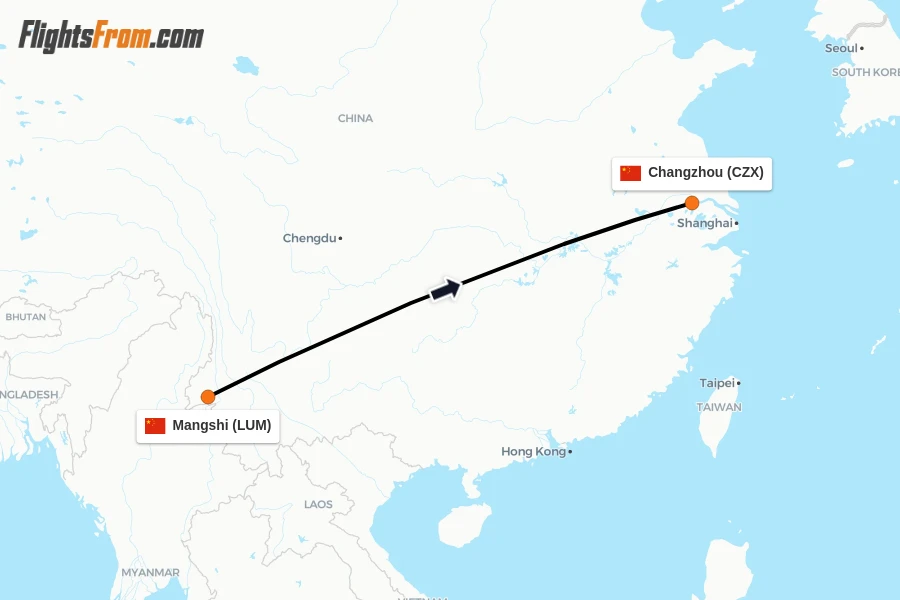 Flights from Mangshi to Changzhou route map