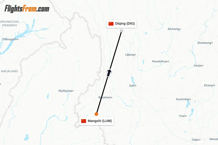 Flights from Mangshi to Diqing route map