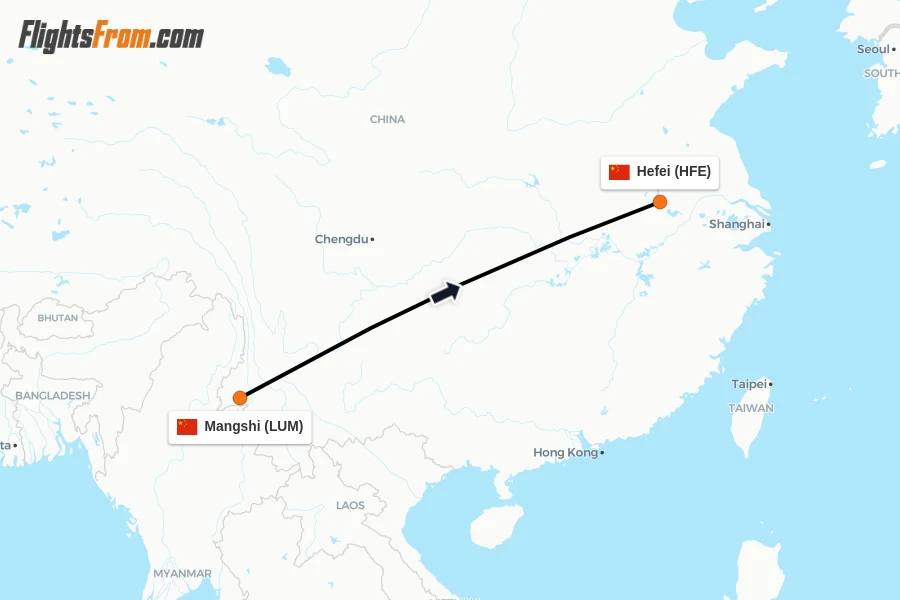 Flights from Mangshi to Hefei route map