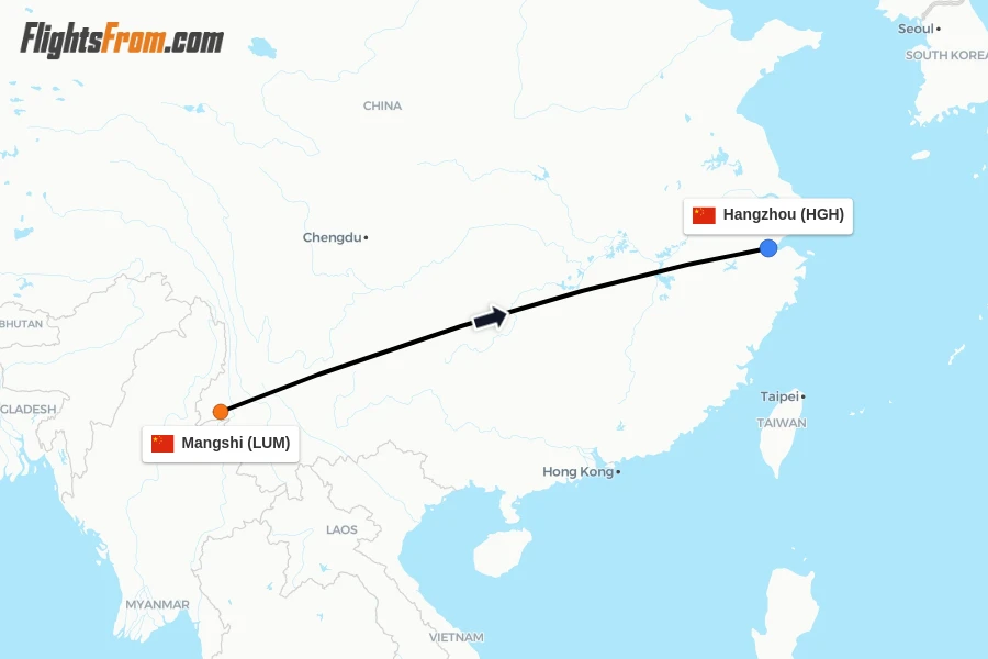 Flights from Mangshi to Hangzhou route map