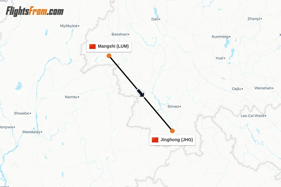 Flights from Mangshi to Jinghong route map