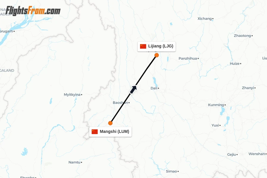 Flights from Mangshi to Lijiang route map