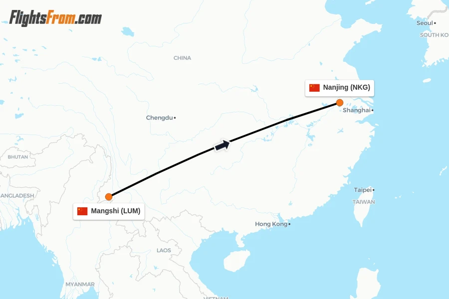 Flights from Mangshi to Nanjing route map