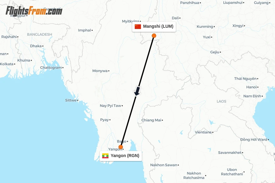 Flights from Mangshi to Yangon route map