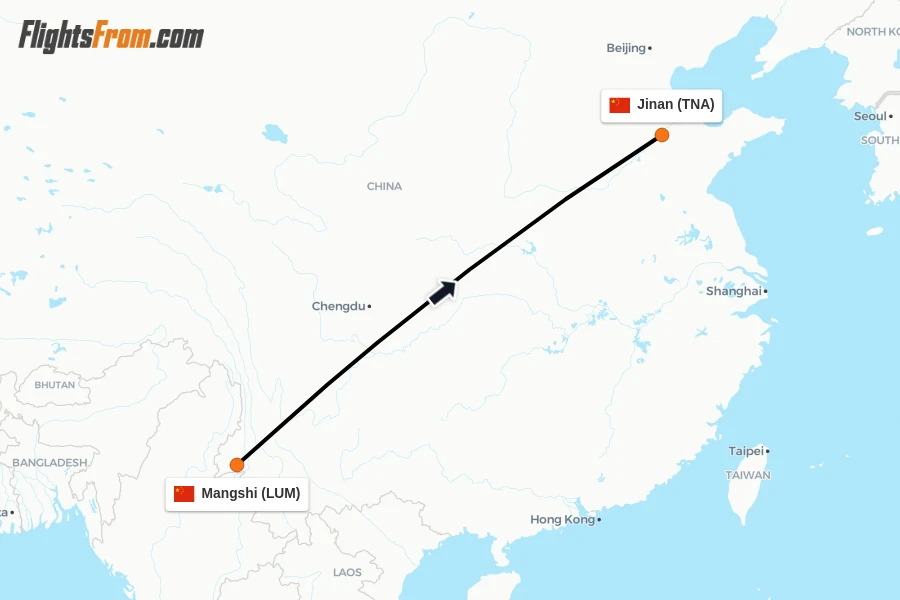 Flights from Mangshi to Jinan route map