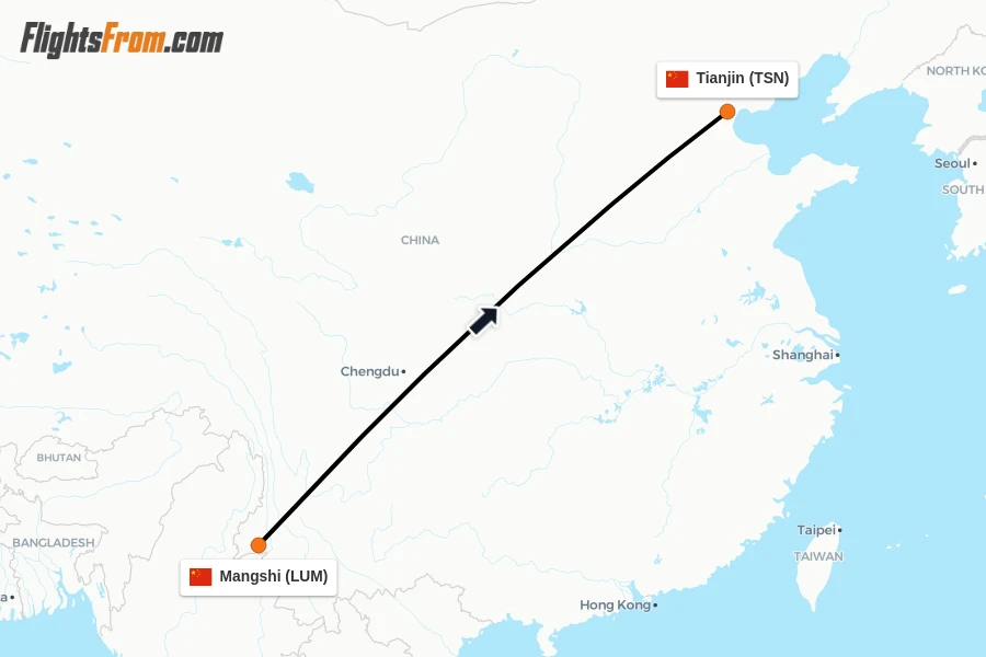 Flights from Mangshi to Tianjin route map