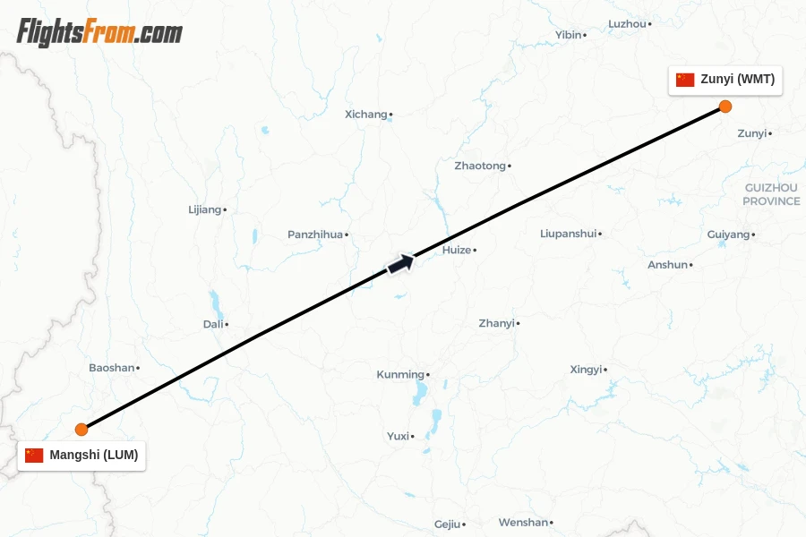 Flights from Mangshi to Zunyi route map