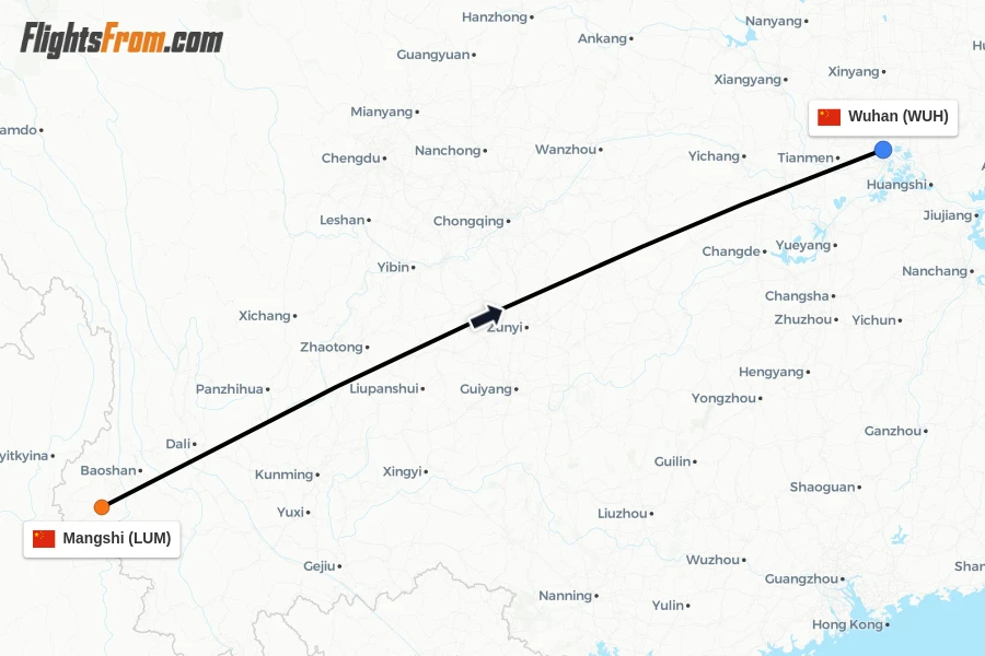 Flights from Mangshi to Wuhan route map