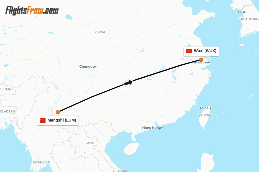 Flights from Mangshi to Wuxi route map