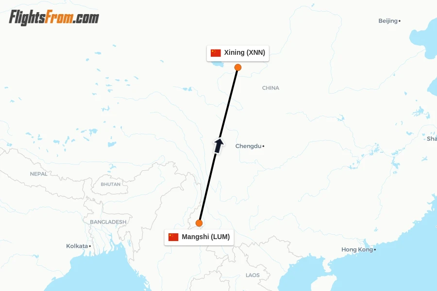 Flights from Mangshi to Xining route map
