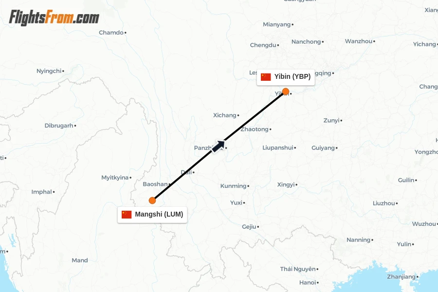 Flights from Mangshi to Yibin route map