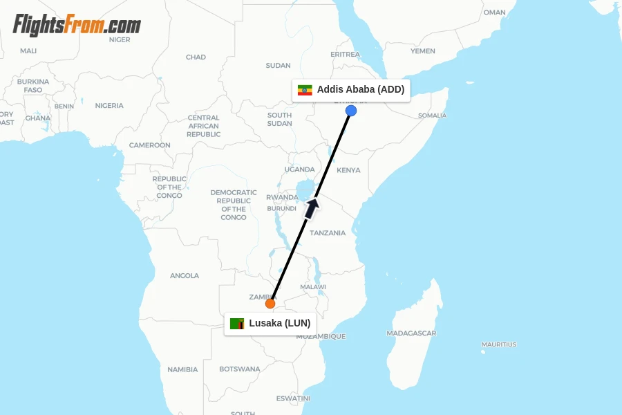 Flights from Lusaka to Addis Ababa route map