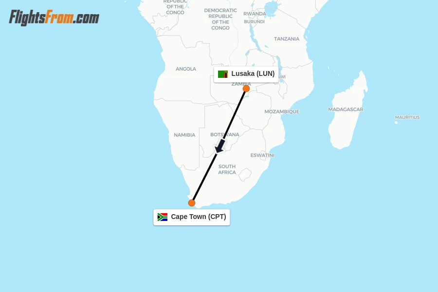 Flights from Lusaka to Cape Town route map