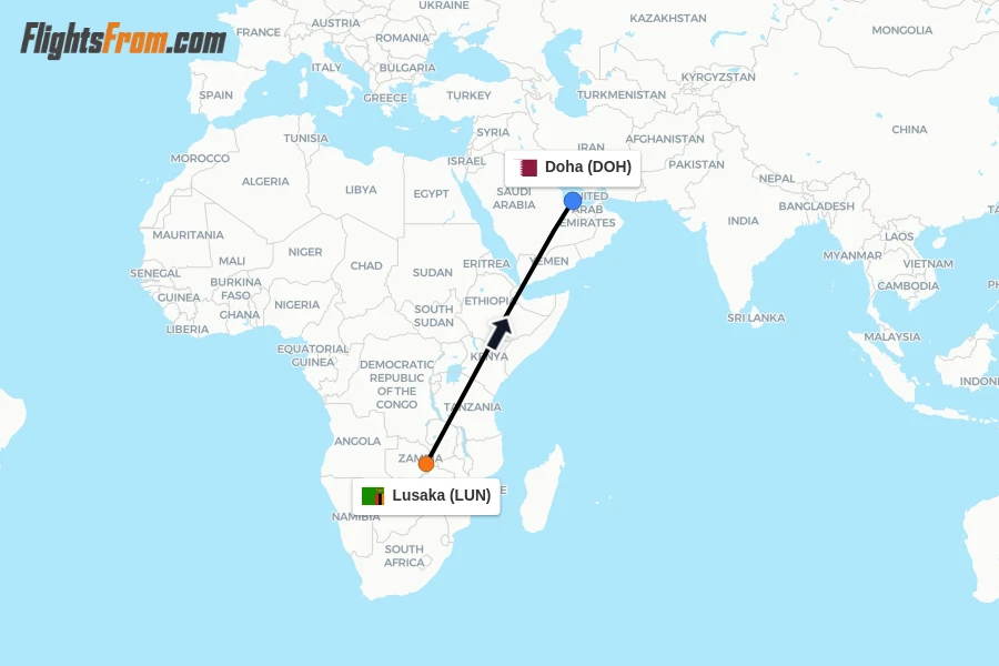 Flights from Lusaka to Doha route map