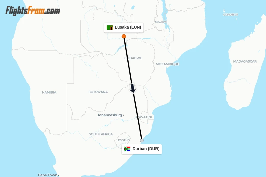 Flights from Lusaka to Durban route map