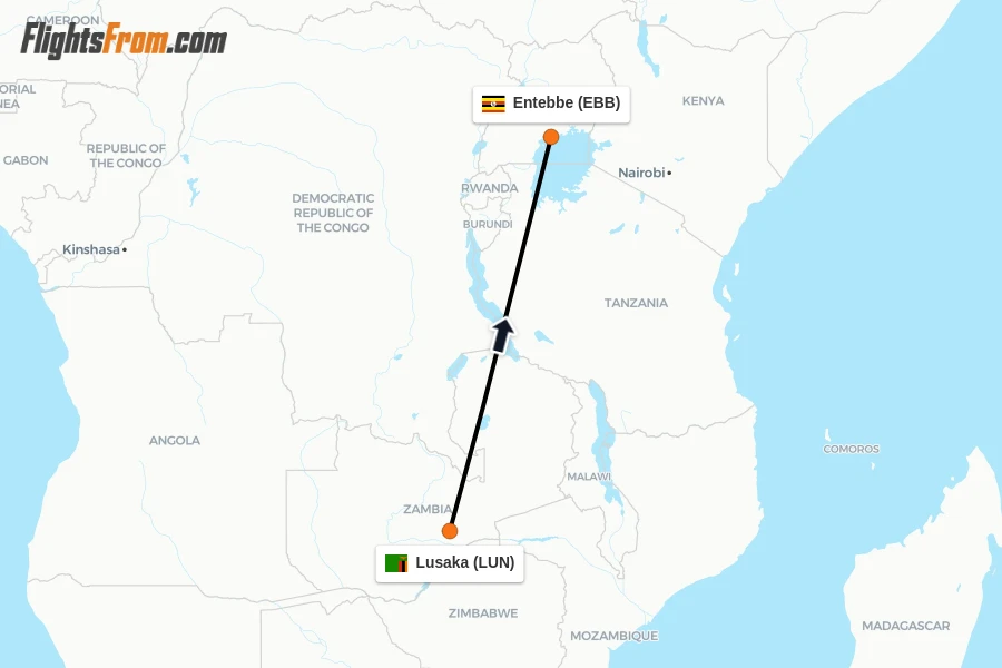 Flights from Lusaka to Entebbe route map