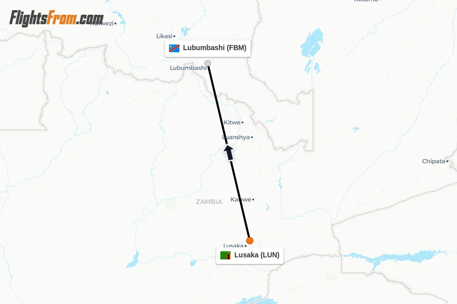 Flights from Lusaka to Lubumbashi route map