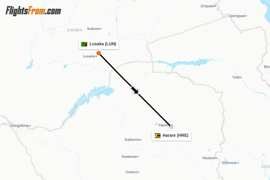 Flights from Lusaka to Harare route map