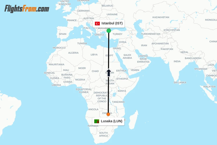 Flights from Lusaka to Istanbul route map