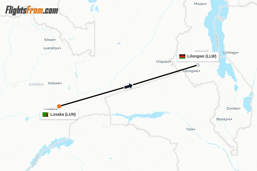 Flights from Lusaka to Lilongwe route map