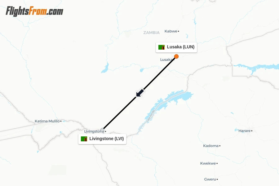 Flights from Lusaka to Livingstone route map
