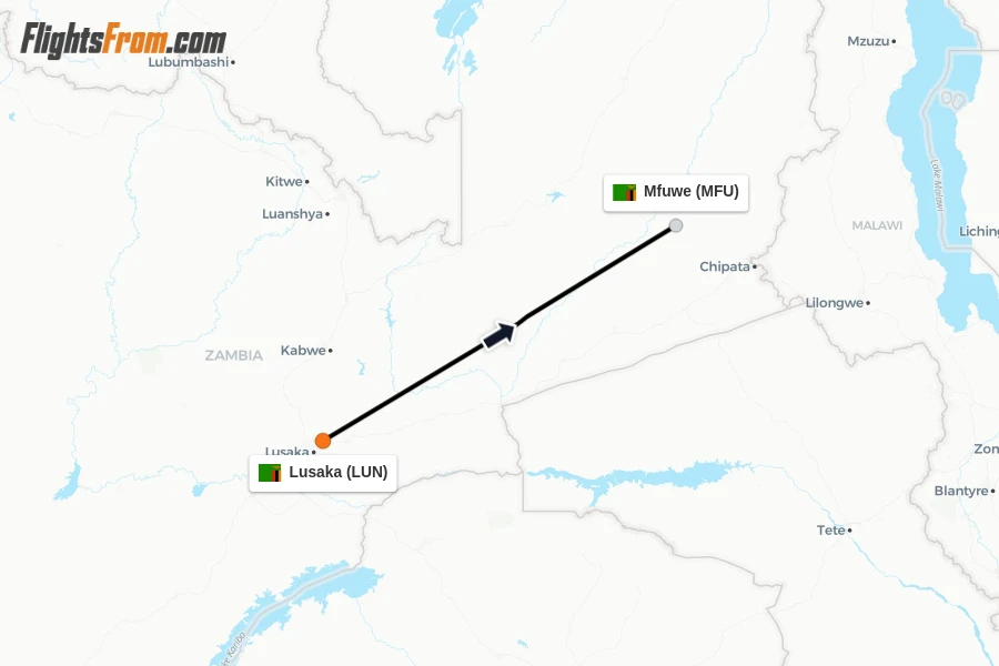 Flights from Lusaka to Mfuwe route map