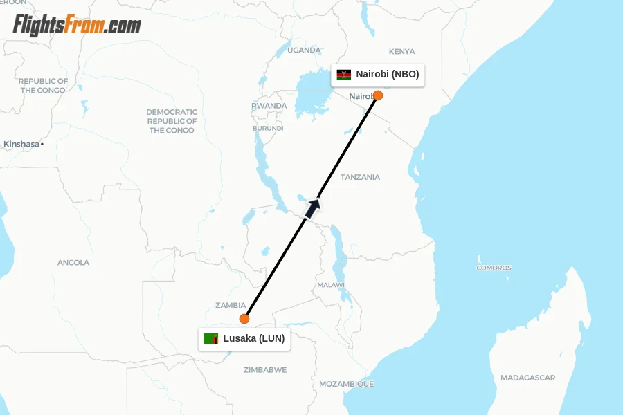 Flights from Lusaka to Nairobi route map