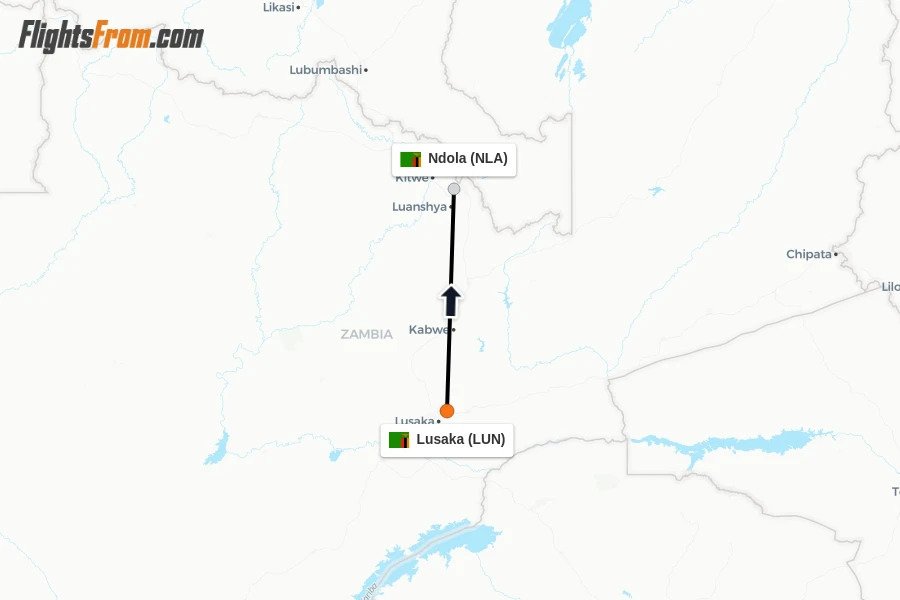 Flights from Lusaka to Ndola route map