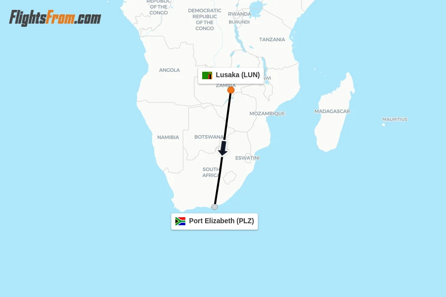 Flights from Lusaka to Port Elizabeth route map