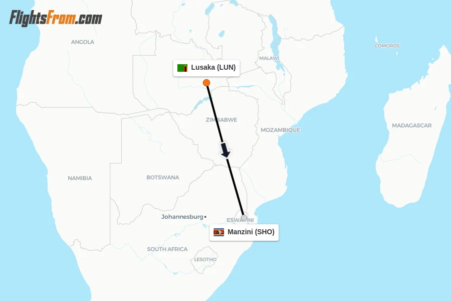 Flights from Lusaka to Manzini route map