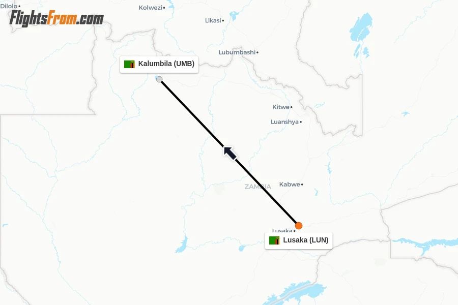 Flights from Lusaka to Kalumbila route map
