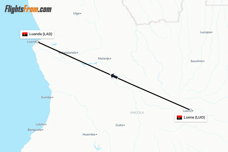 Flights from Luena to Luanda route map