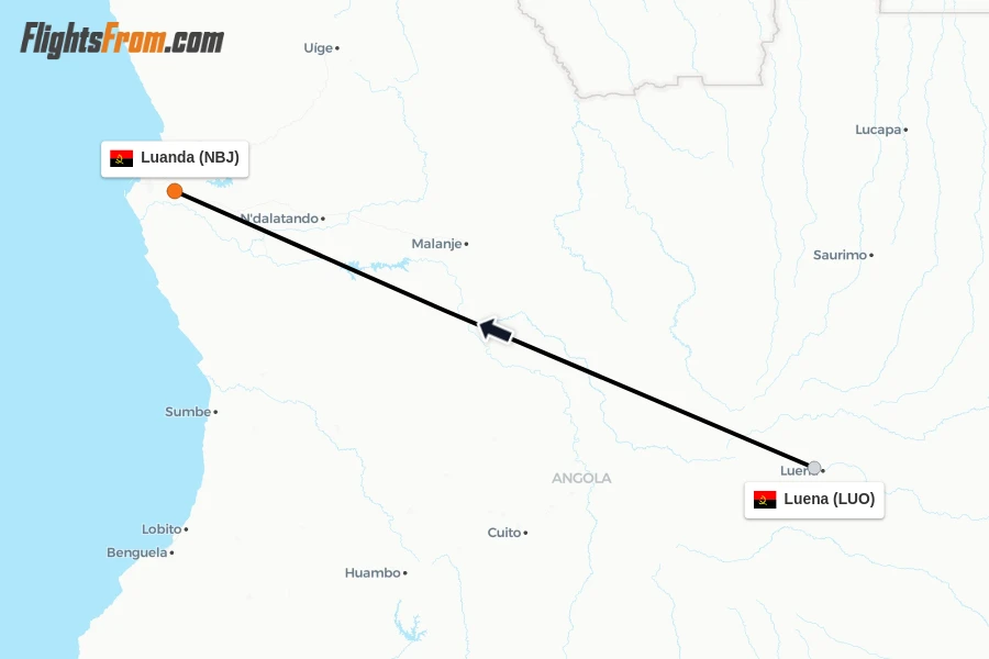 Flights from Luena to Luanda route map