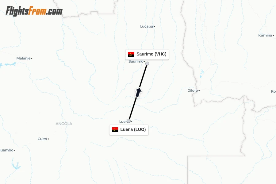 Flights from Luena to Saurimo route map
