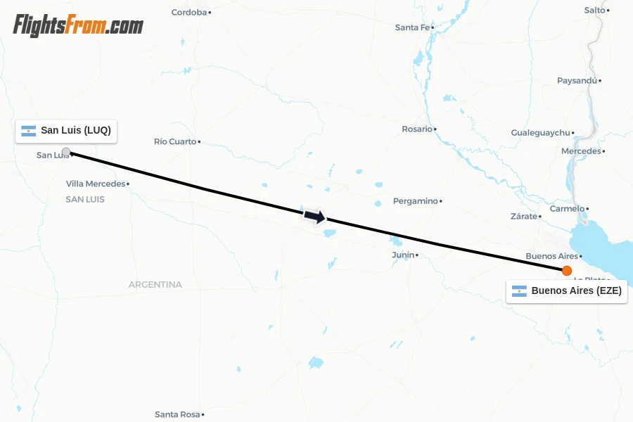 Flights from San Luis to Buenos Aires route map