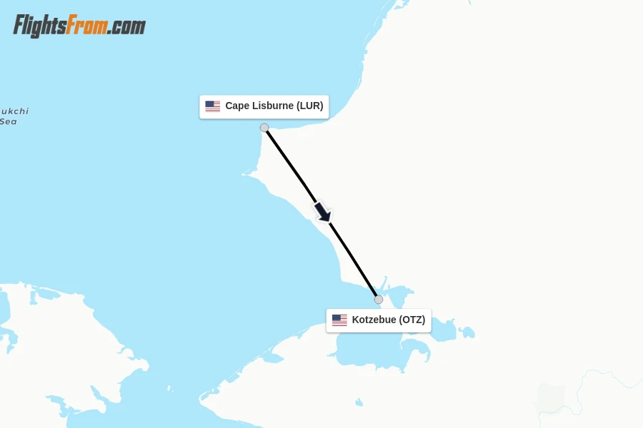 Flights from Cape Lisburne to Kotzebue route map