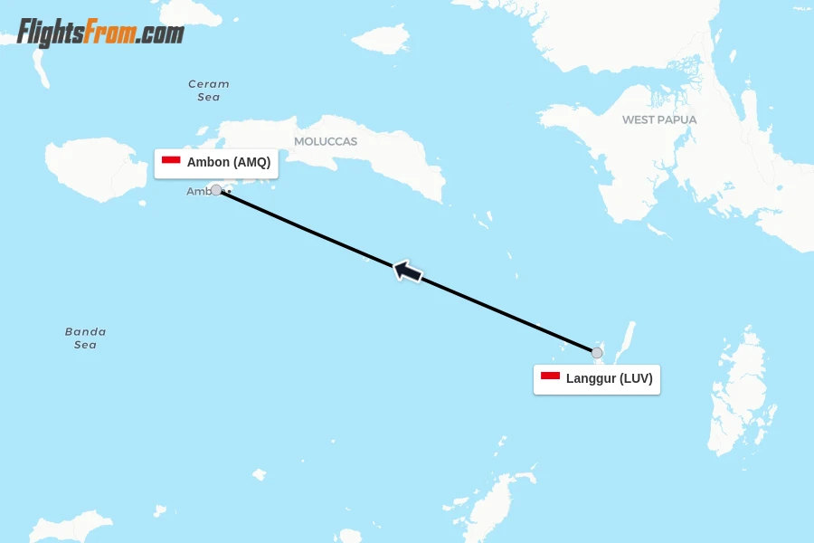 Flights from Langgur to Ambon route map