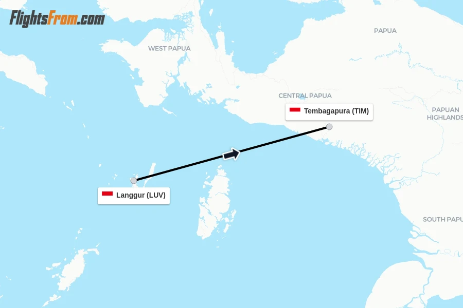 Flights from Langgur to Tembagapura route map