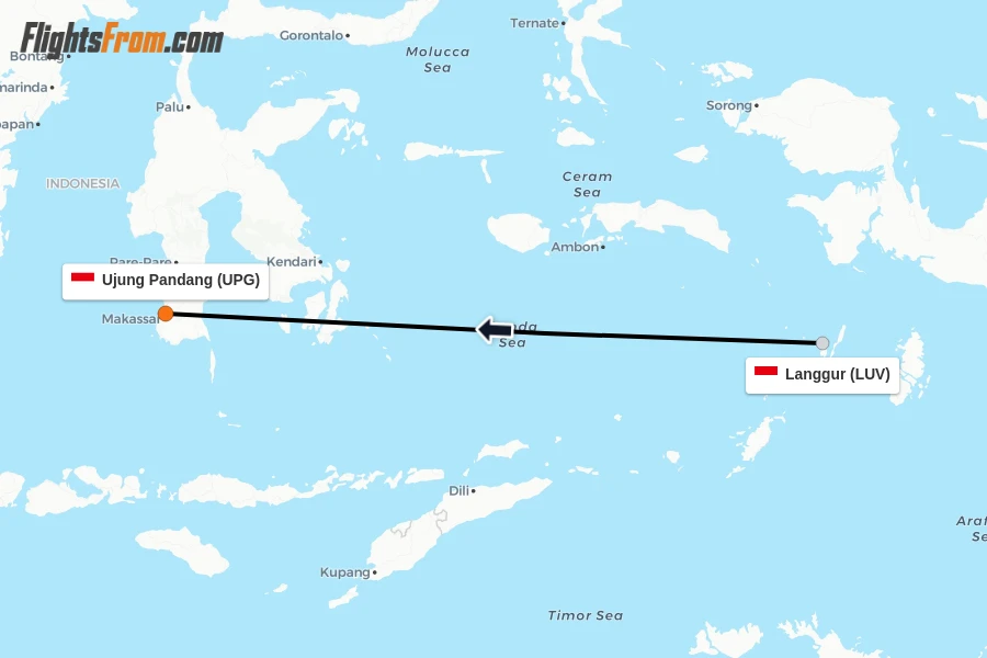 Flights from Langgur to Ujung Pandang route map