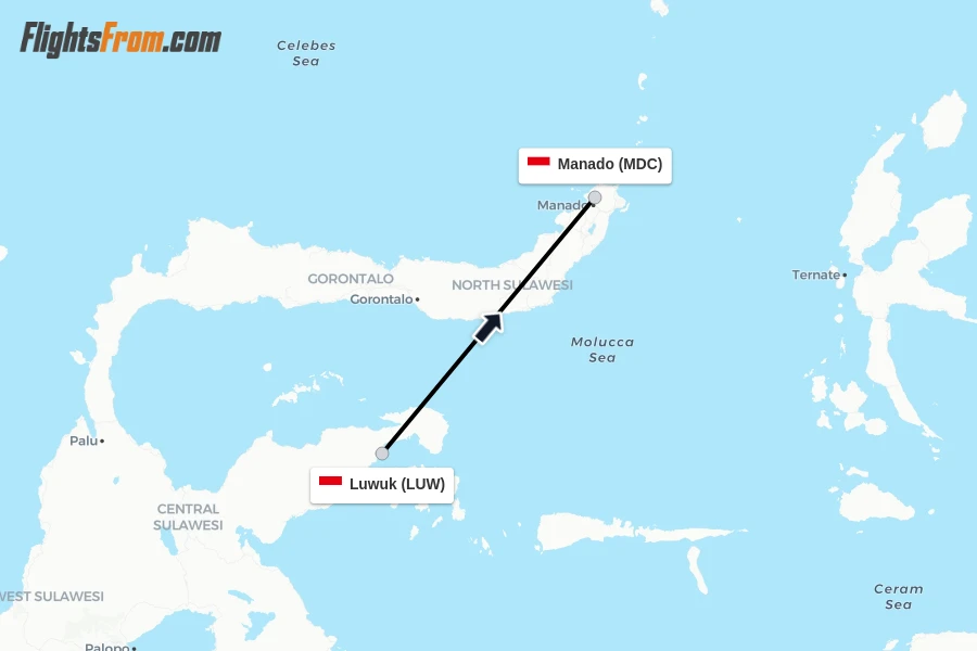 Flights from Luwuk to Manado route map